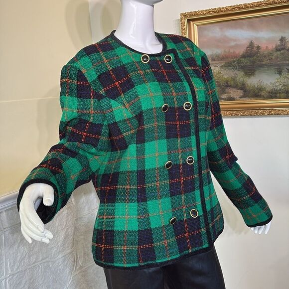 Alexon Double Breasted Tartan Plaid Collarless Jacket Made in Britain - Picture 3 of 13